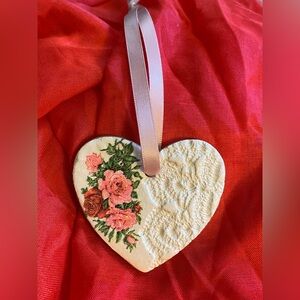 Handmade Floral Heart Ornament With Lace Texture